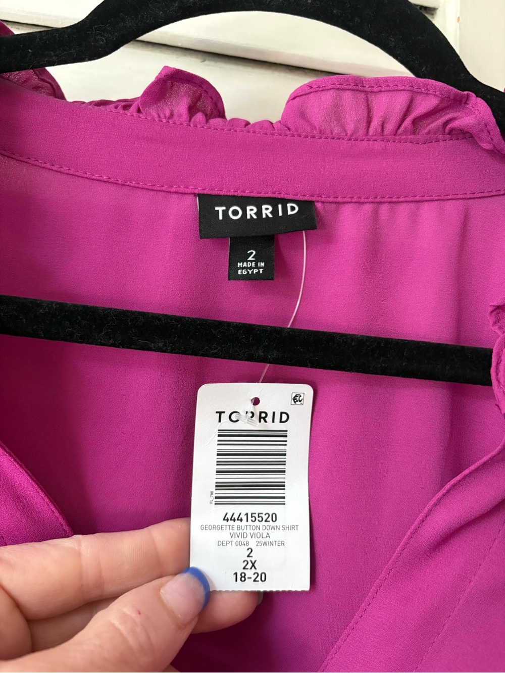 NWT Torrid Georgette Button Down Blouse 2X Vivid Viola Ruffle Neck Plus78krf\u7/ - Picture 3 of 5